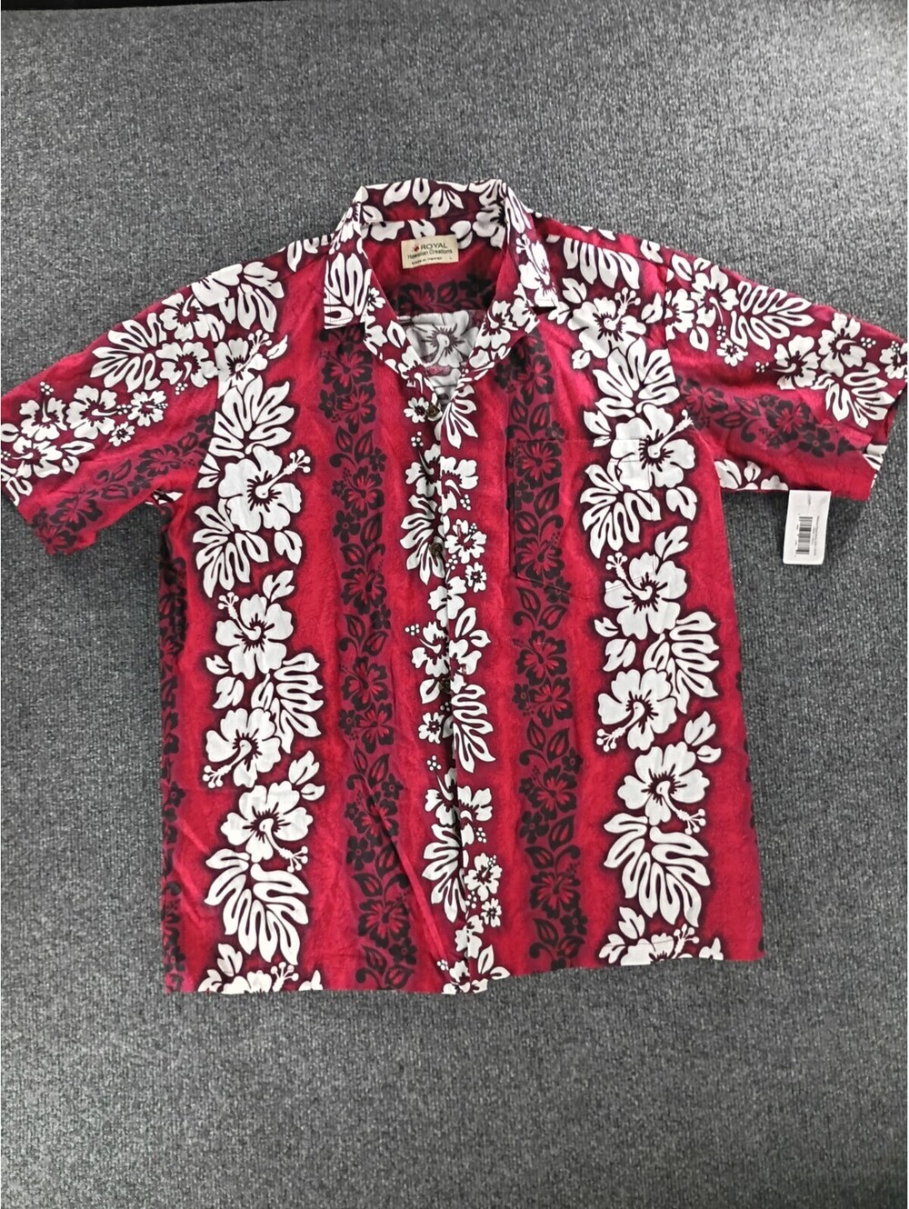 Royal Creations Mens Hawaiian Shirt Red White Plumeria Floral Cotton Hawaii L